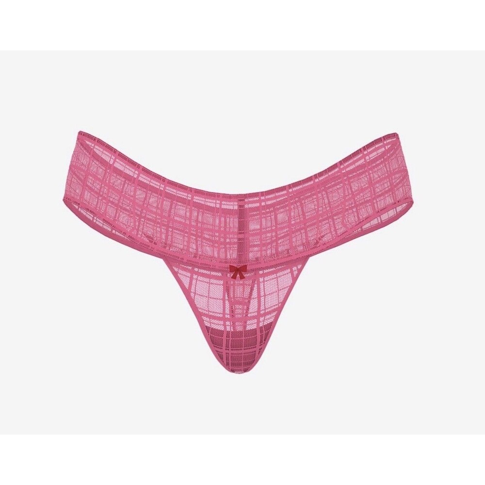 Victoria's Secret Plaid Lace Thong Panty Rose Garden Pink with Bow Sz: M